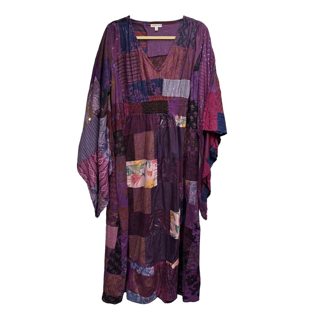 Earthbound Trading L Maxi Dress Boho Romantic Whimsy Patchwork Purple Cotton